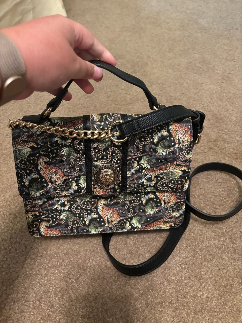 ALDO Pumoori Baroque Jaguar Animal Print Crossbody Satchel Bag Gold Chain